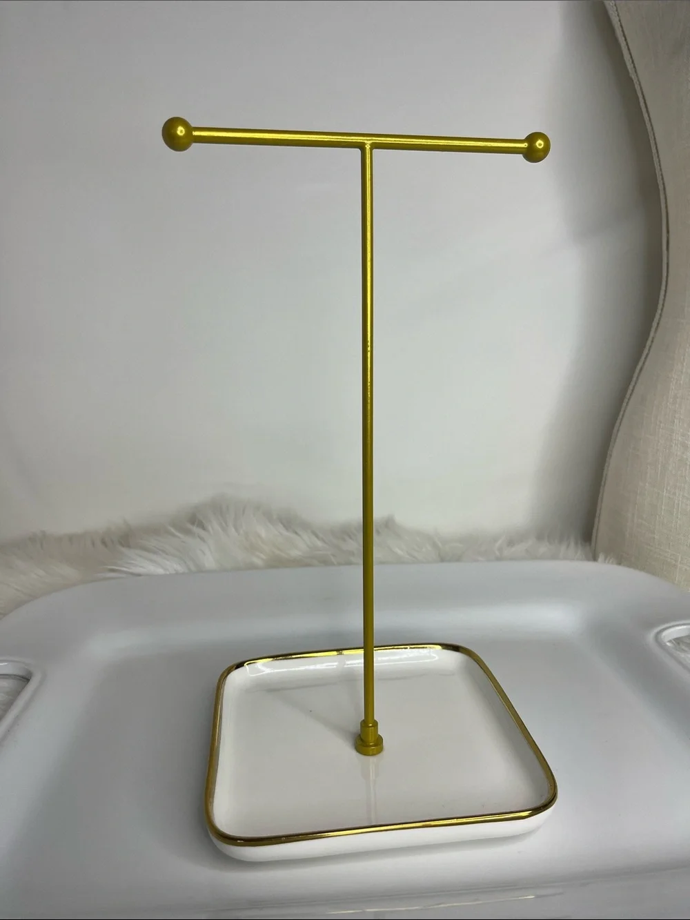Gold Jewelry Stand with Ceramic White Tray - Home Bath